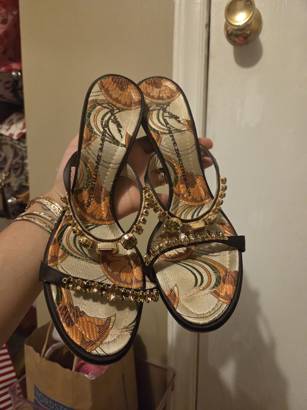 Giuseppe Zanotti Black and Gold Crystal-Embellished Heeled Sandals - Picture 1 of 8